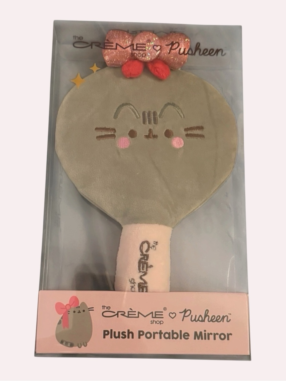 The Crème Shop x Pusheen Plush Portable Mirror - Gray with Pink Bow